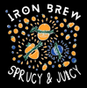 Detail view of artwork for front t-shirt. (Fruit Ninja graphic with sprice boughs, apricots, oranges, and blueberries. Text: Iron Brew, Spruct & Juicy.)