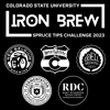 Detail view of artwork for back of t-shirt. (CSU FST, RDC, New Begium, Sweet Water, and Odell Brewery logo graphics. Text: Colorado State University, Iron Brew, Spruce Tips Callenge 2023.)