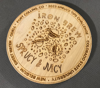 4-inch diameters plywood coaster laser engraved with 2023 CSU Iron Brew Spruce Tips Challenge "Sprucy & Juicy" artwork.