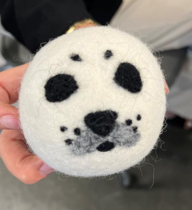 Sample student work felted wool dryer ball ornament, seal pup design.